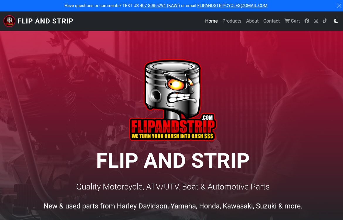 Flip and Strip public storefront, with a red workshop hero and its piston logo.