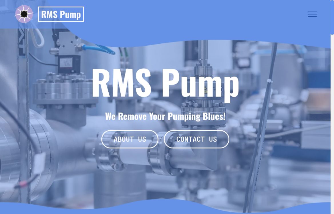 Public RMS Pump website homepage, with its blue pump-industry hero.